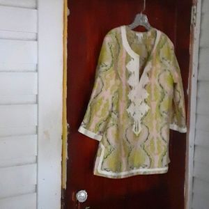 J. Crew Green and Pink Tunic Top